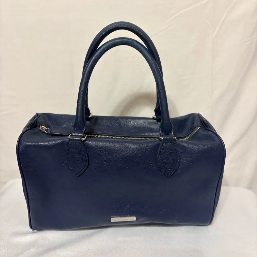 Brooks Brothers navy blue barrel bag satchel made of embossed pebbled leather